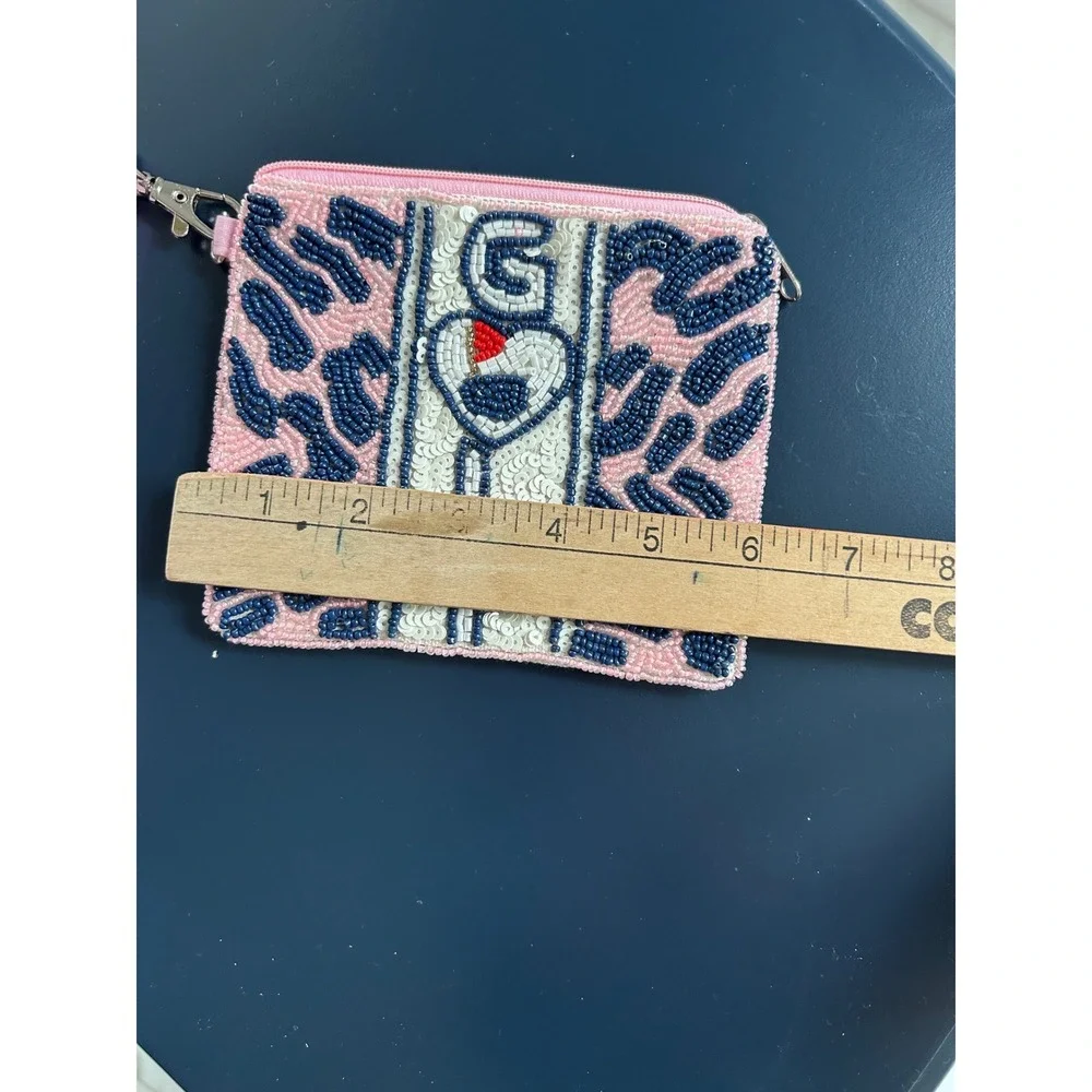Pink Beaded GOLF Heart Leopard Print Wristlet Pouch Zipper Clutch Bag